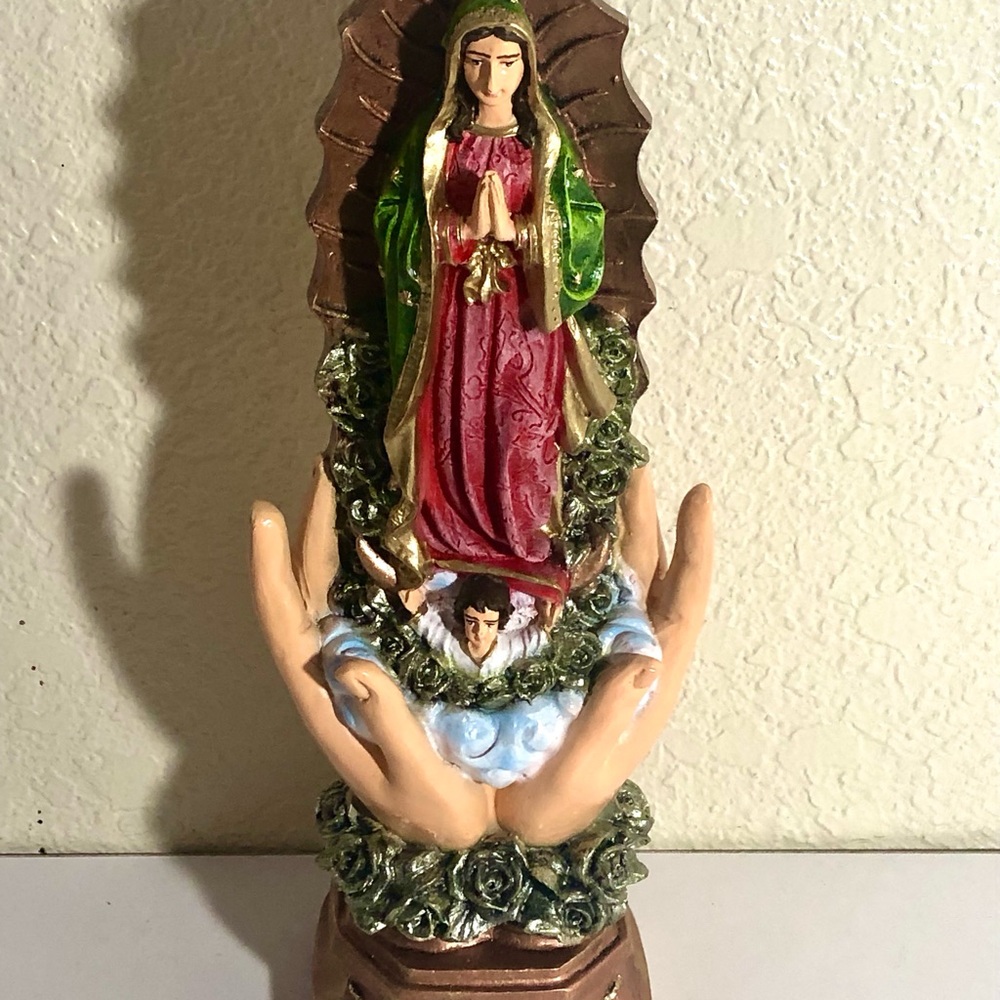 Beautiful Virgin de Guadalupe in Celestial Hands Figurine in red and Green
